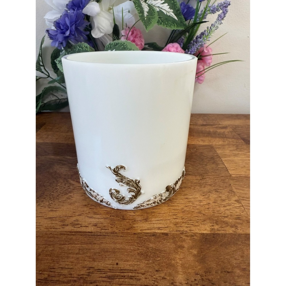 Antique Victorian Milk Glass Vase Ornate Gold Relief Leaf Scroll Vintage Decor